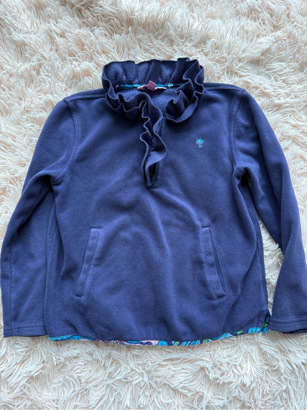 Lilly Pulitzer girls 7 Navy Ruffle-Neck Pullover Sweater 1/4 zip